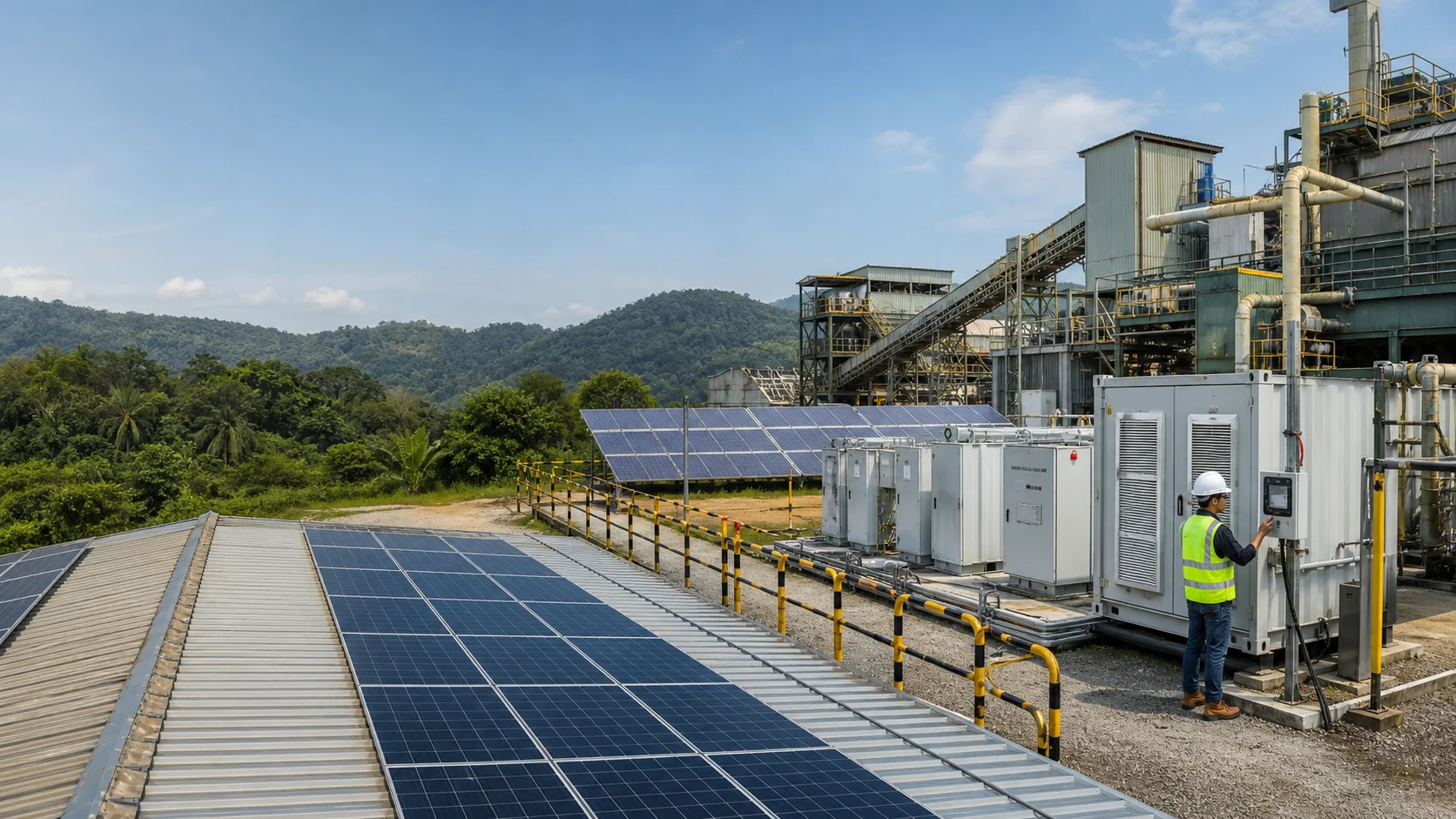 Conceptual solar and energy storage installation at a processing plant