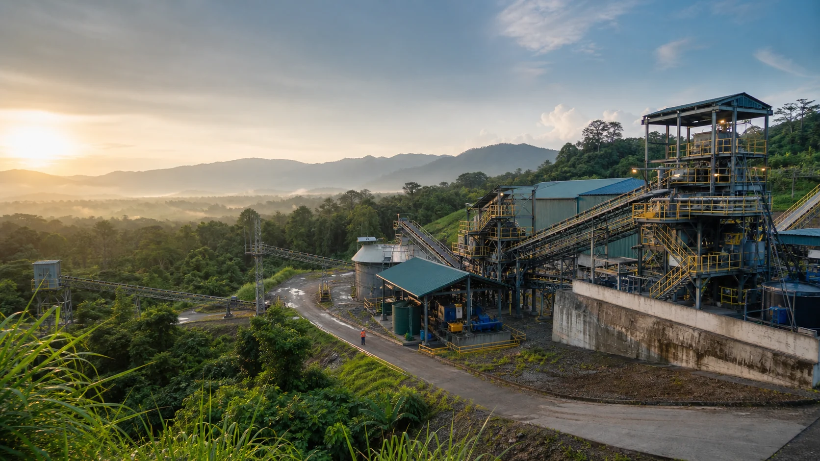 Conceptual mineral processing plant in a Malaysian tropical landscape